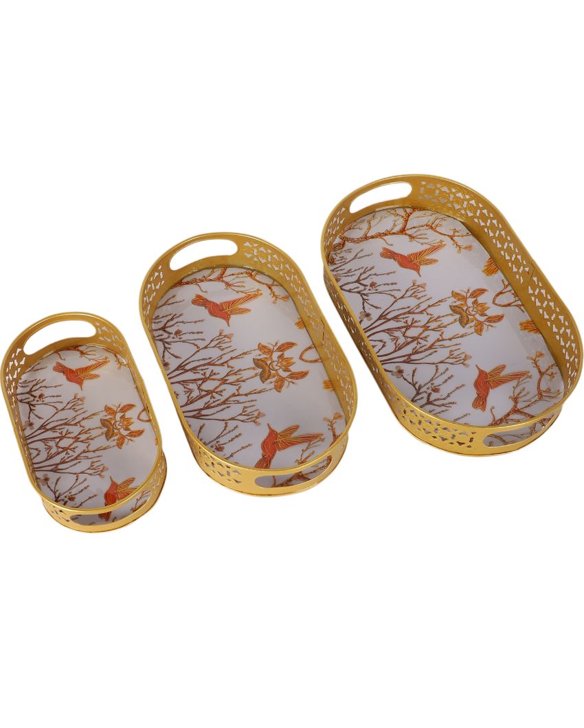 Oval Shaped Golden Shade Tree and Bird Meena Trays | Set of 3