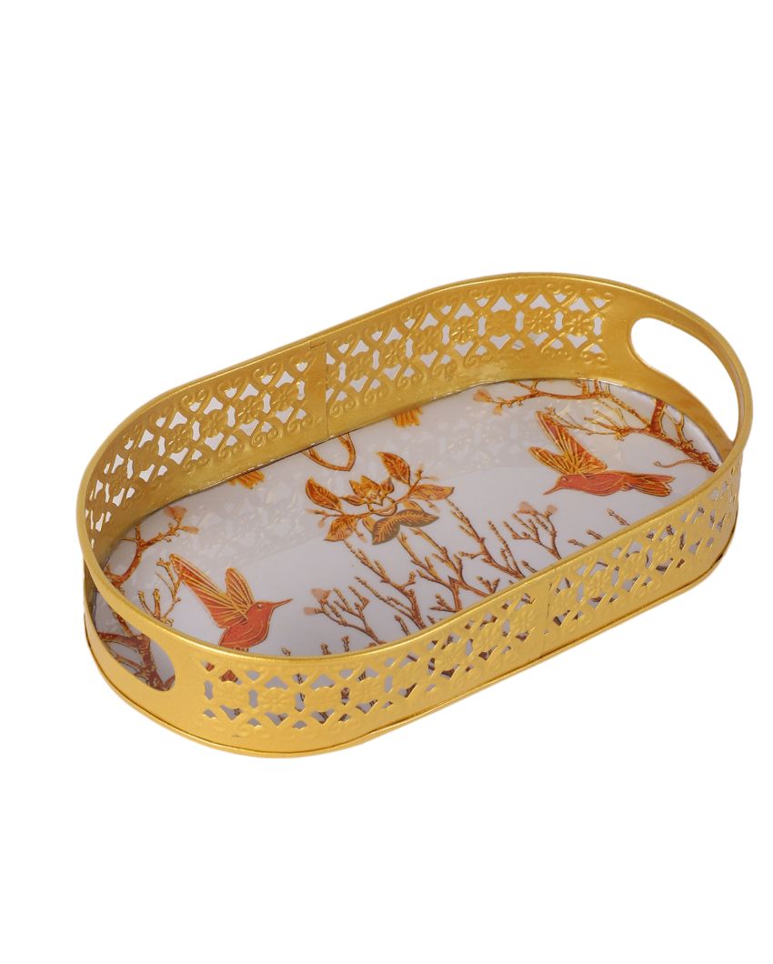 Oval Shaped Golden Shade Tree and Bird Meena Trays | Set of 3