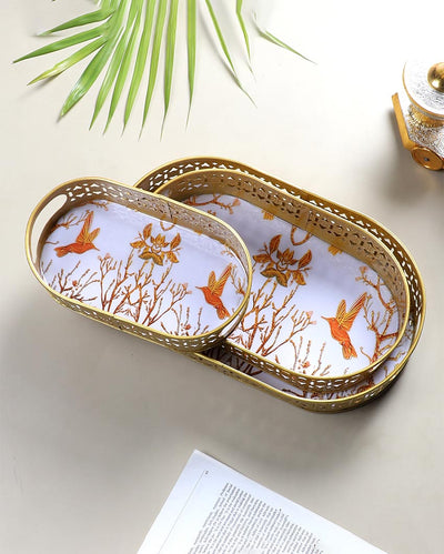 Oval Shaped Golden Shade Tree and Bird Meena Trays | Set of 3