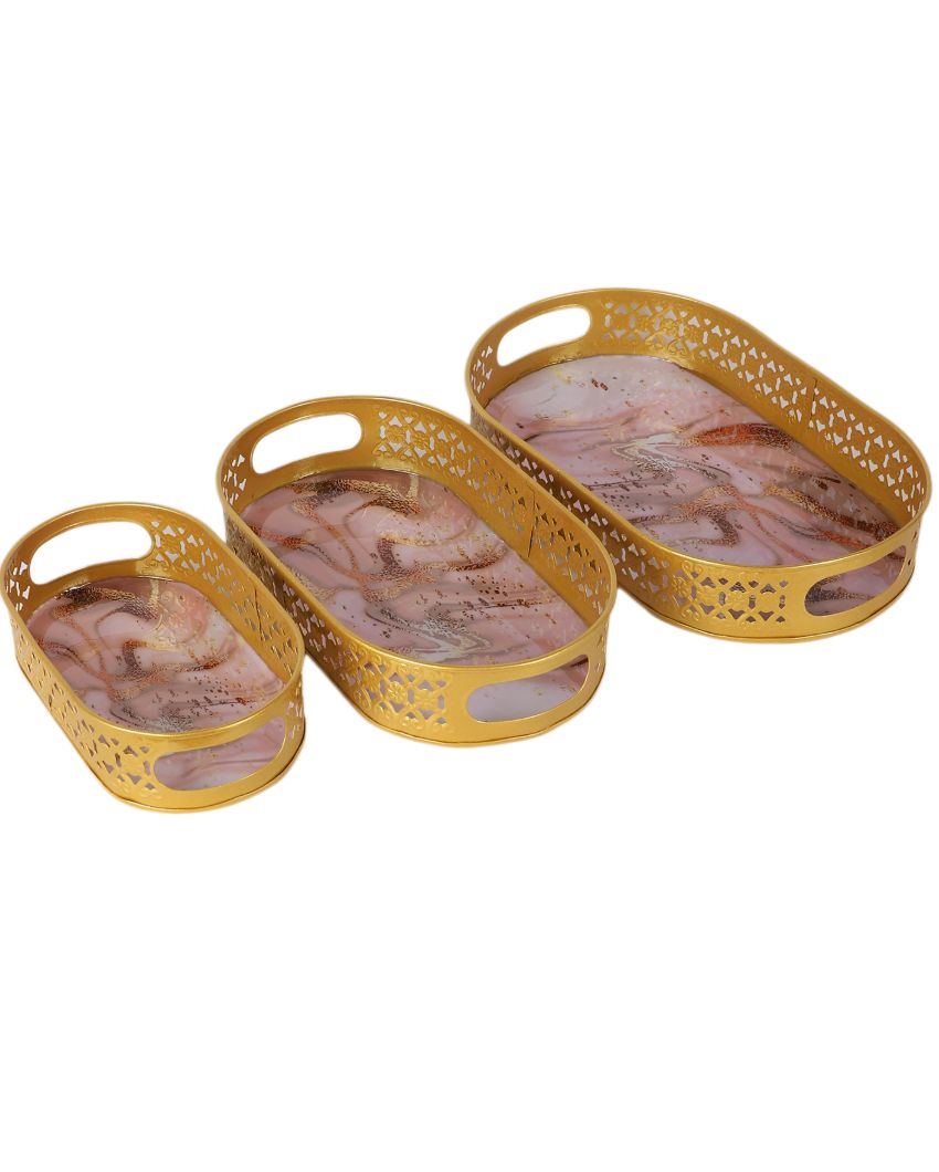 Oval Design Gold and Pink Shade Wavy Design Meena Trays | Set of 3