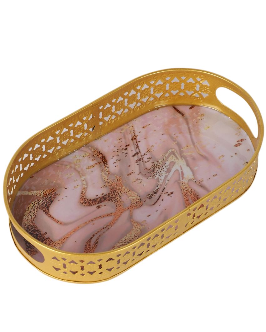 Oval Design Gold and Pink Shade Wavy Design Meena Trays | Set of 3