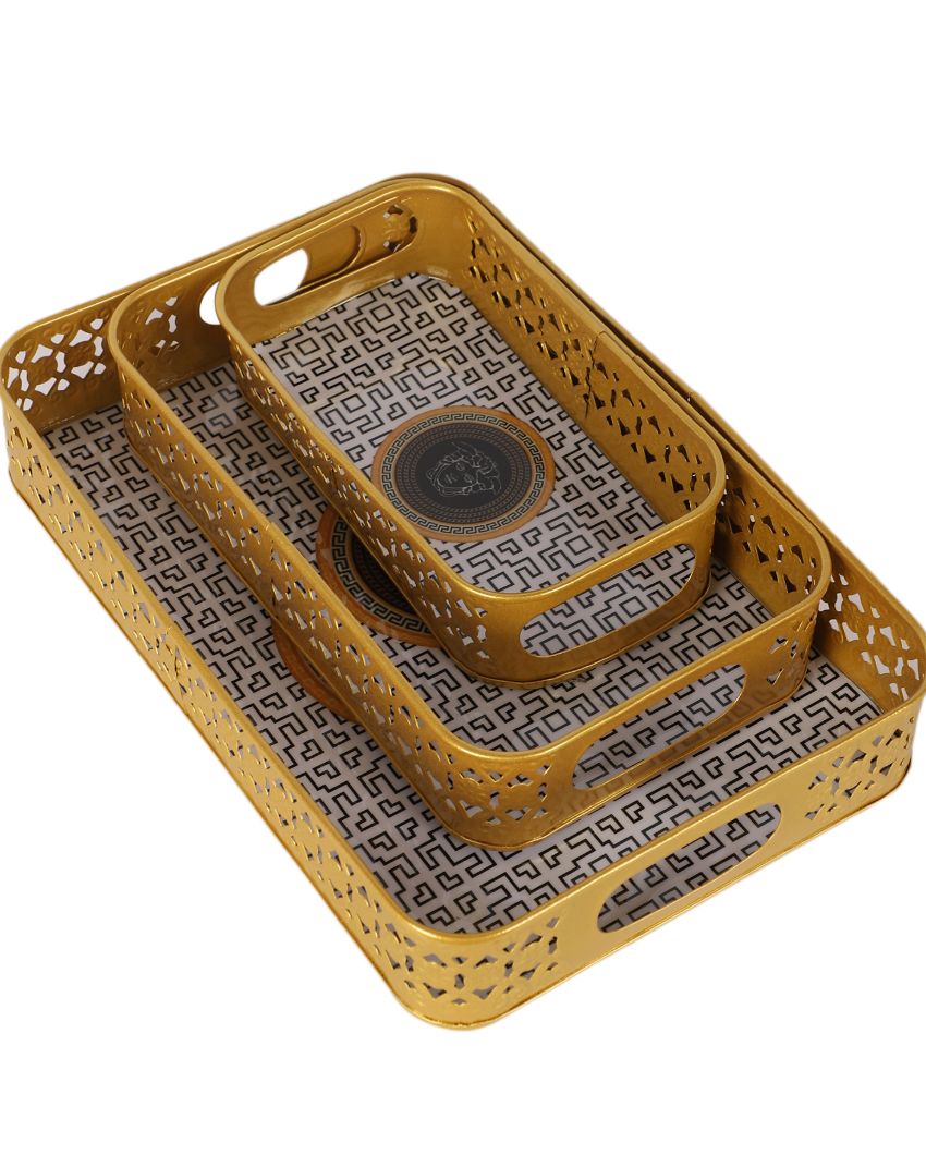 Rectangular Gold and Black Shade Blocks Meena Trays | Set of 3