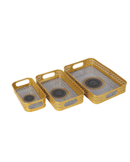 Rectangular Gold and Black Shade Blocks Meena Trays | Set of 3