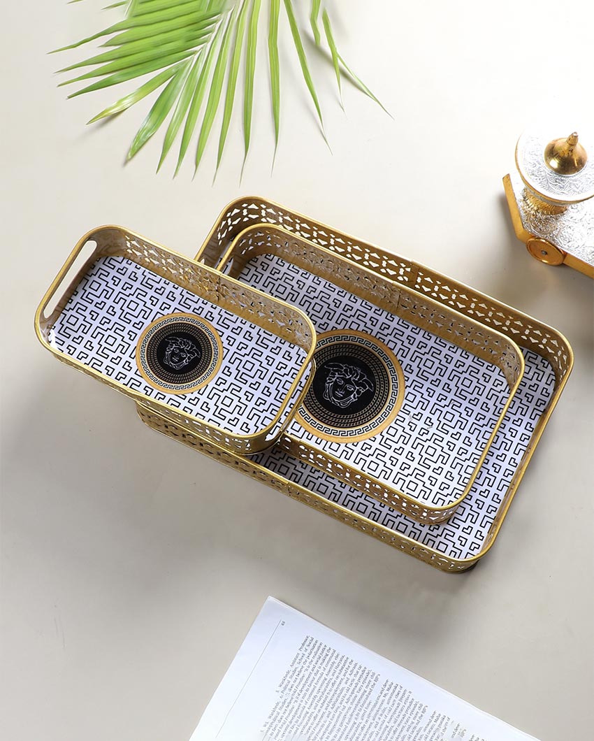 Rectangular Gold and Black Shade Blocks Meena Trays | Set of 3