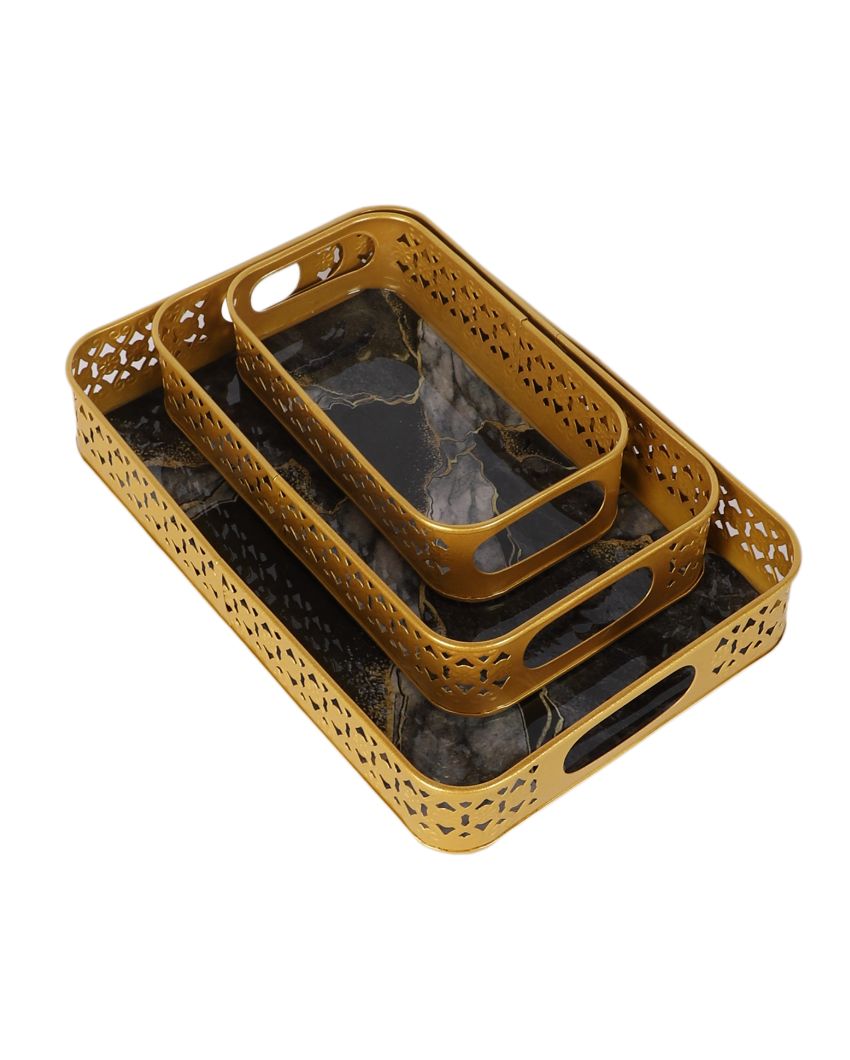 Rectangular Gold and Black Shade Wavy Meena Trays | Set of 3