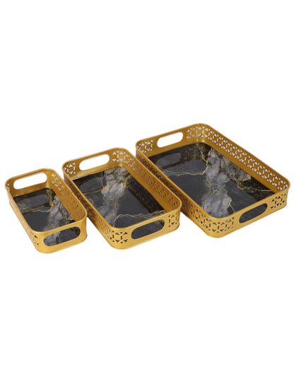 Rectangular Gold and Black Shade Wavy Meena Trays | Set of 3