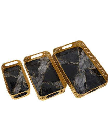 Rectangular Gold and Black Shade Wavy Meena Trays | Set of 3