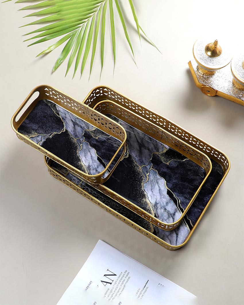 Rectangular Gold and Black Shade Wavy Meena Trays | Set of 3