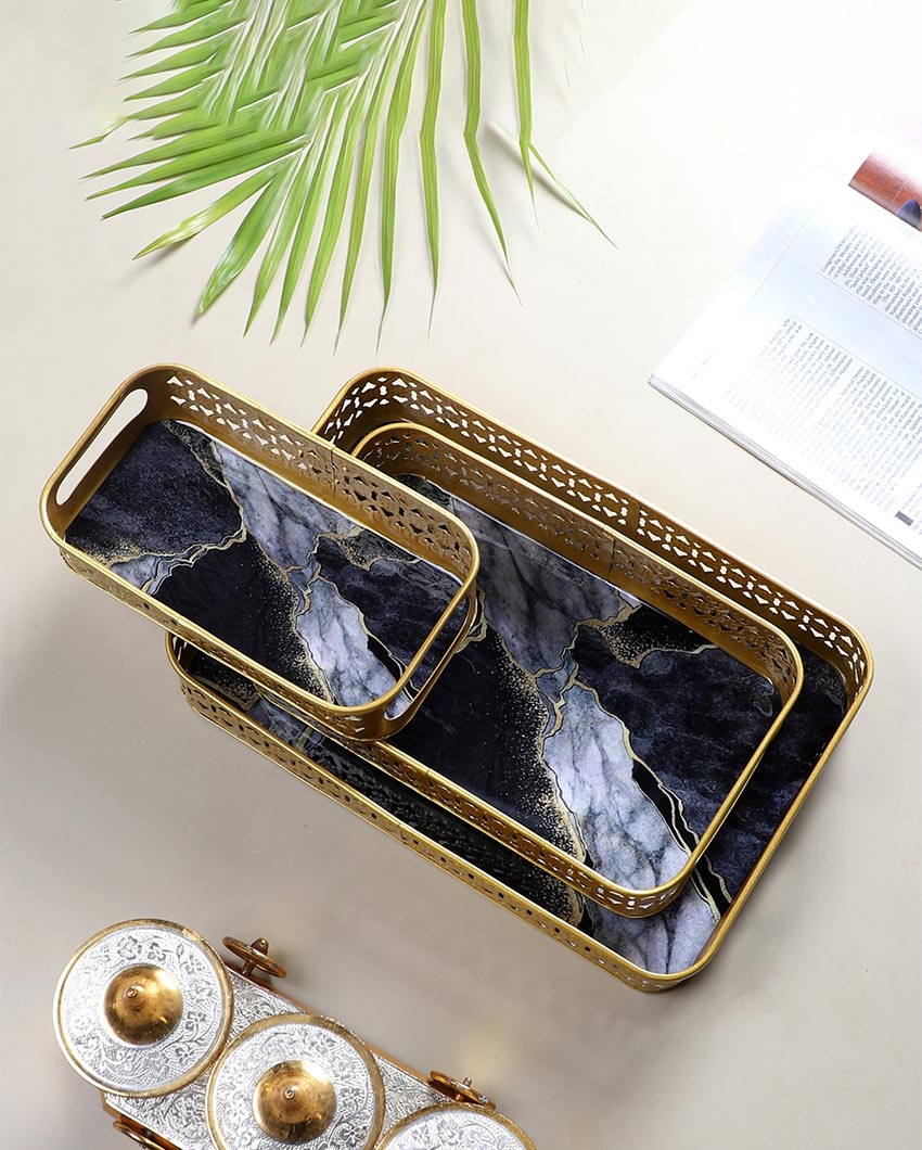 Rectangular Gold and Black Shade Wavy Meena Trays | Set of 3