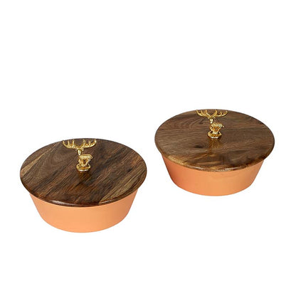 Mustard Ceramic Serving Bowl With Mangowood Lid Set of 2 Default Title