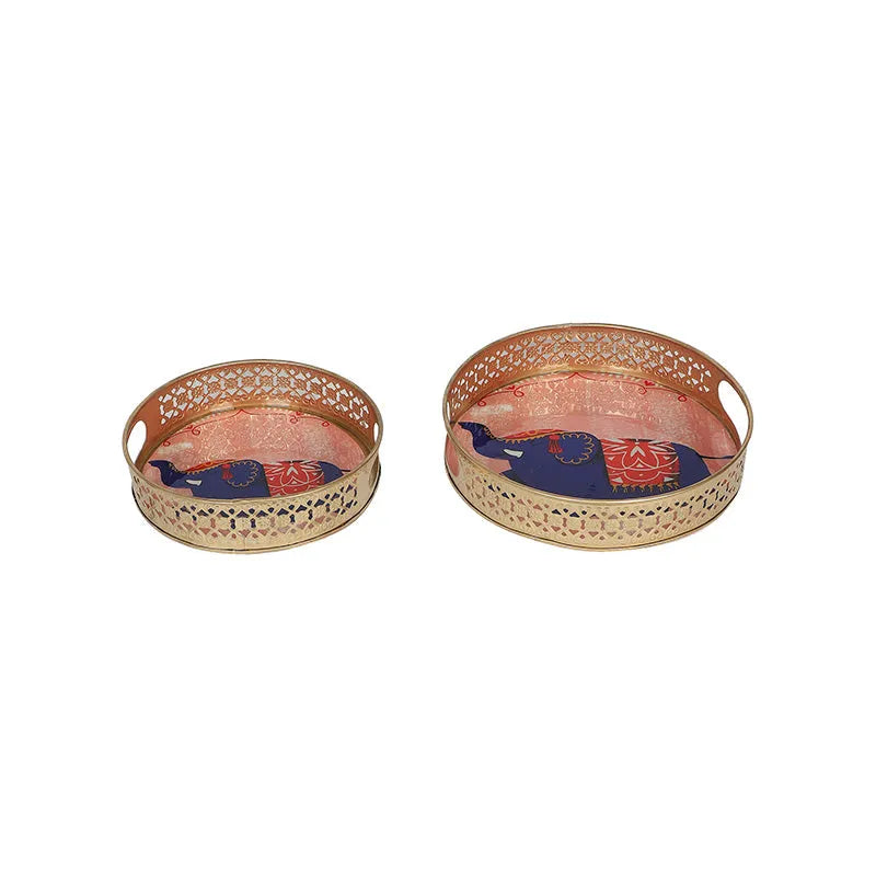 Elephant Round Pink Pichwai Tray | Set Of 2 Default Title