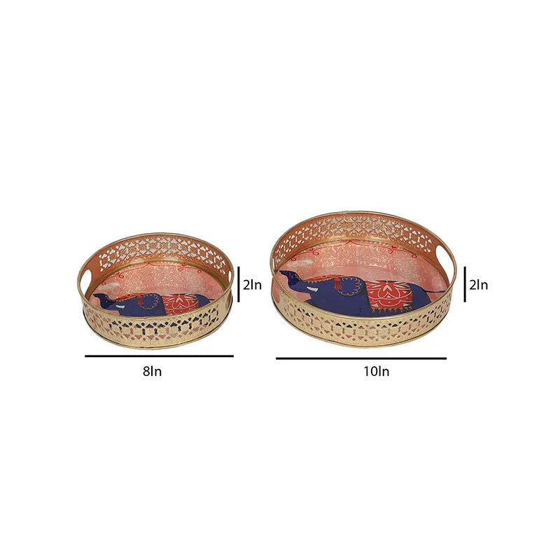 Elephant Round Pink Pichwai Tray | Set Of 2 Default Title