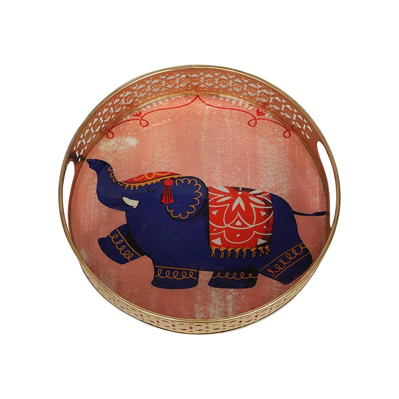 Elephant Round Pink Pichwai Tray | Set Of 2 Default Title