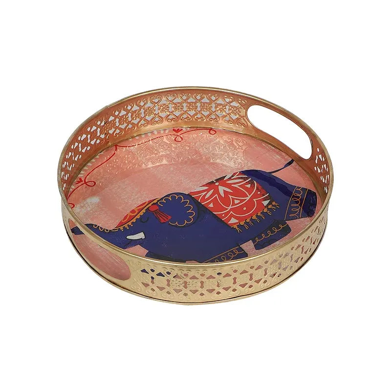 Elephant Round Pink Pichwai Tray | Set Of 2 Default Title