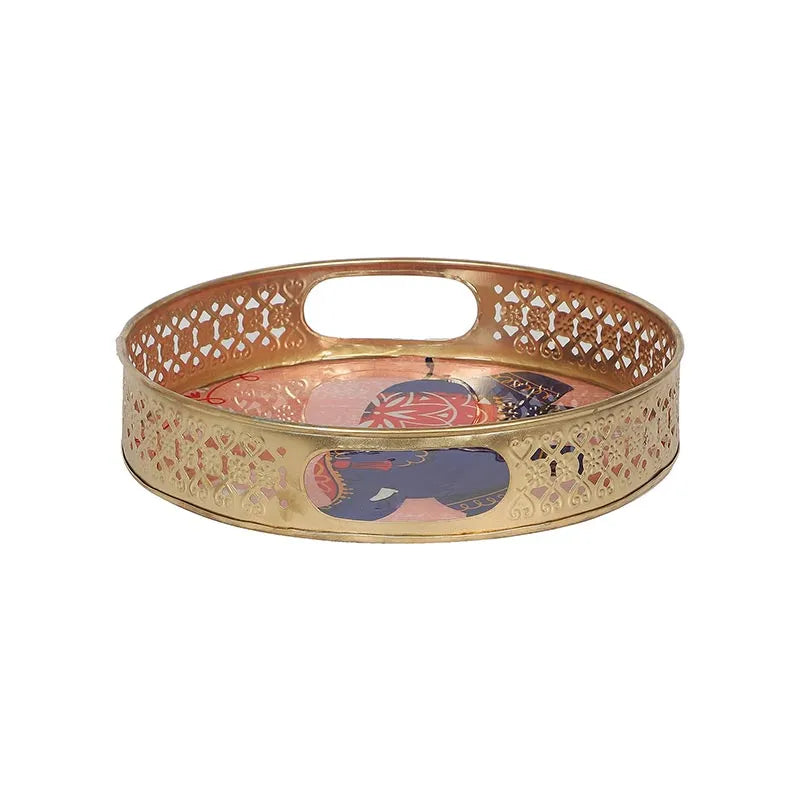 Elephant Round Pink Pichwai Tray | Set Of 2 Default Title