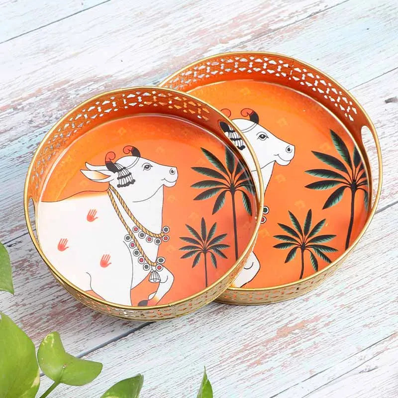 Cow Round Orange Pichwai Tray | Set Of 2 Default Title