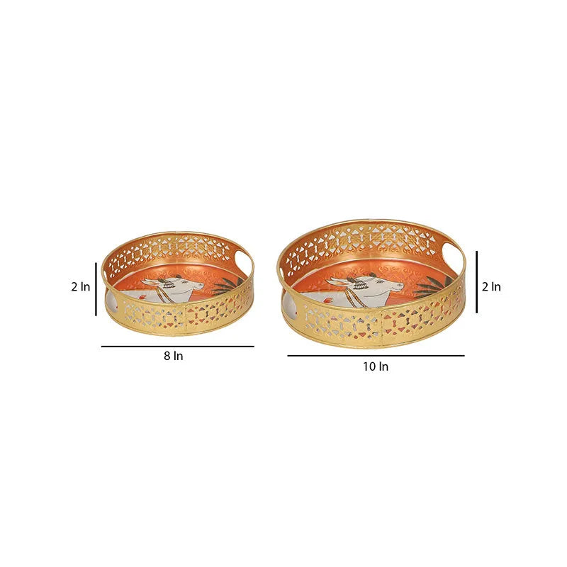 Cow Round Orange Pichwai Tray | Set Of 2 Default Title