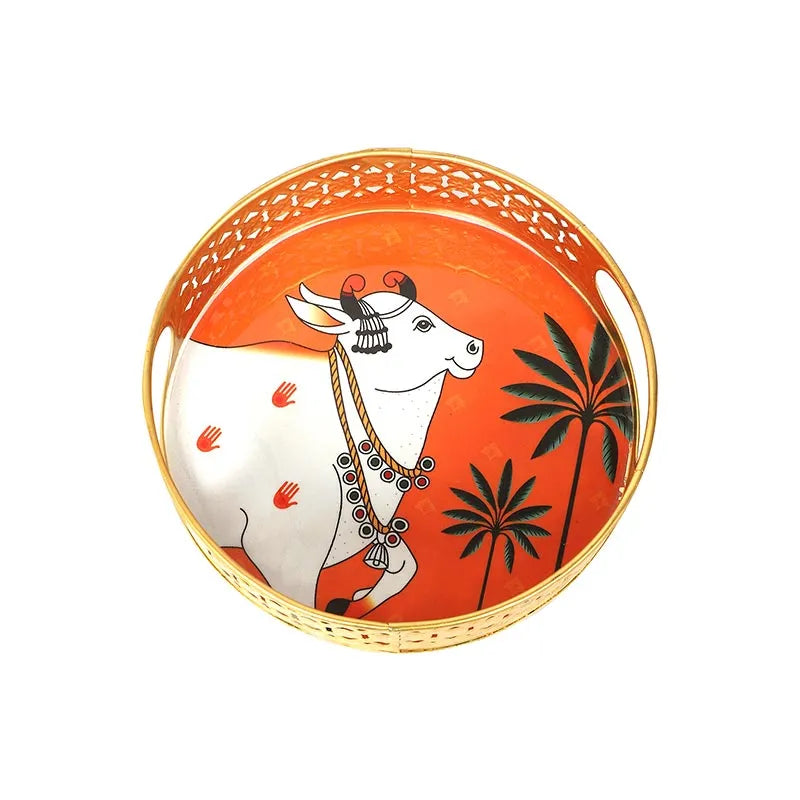 Cow Round Orange Pichwai Tray | Set Of 2 Default Title