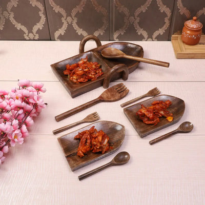 Boat Shape Mangowood Snacks Platter Set | Brown | Set of 9