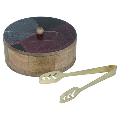 Leaves Printed Mango Wood & Steel Roti Box With Tong Set