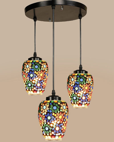 Floral Design Mosaic Glass Three Hanging Lamps | 10 x 20 inches