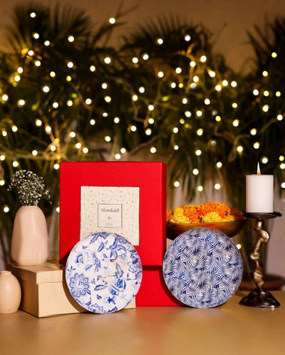 Serene Blue Floral Metal Wall Plates Art Hamper | 10 x 10 inches