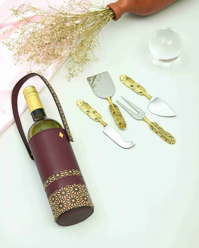 Wine And Cheese Hamper | Vegan Leather Wine Holder With Brass Cheese Knives