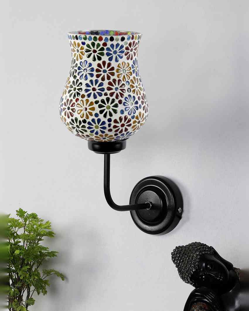 Vibrant Mosaic Glass Shade Wall Mounted Lamp With Iron Base | 9 x 4 x 13 inches