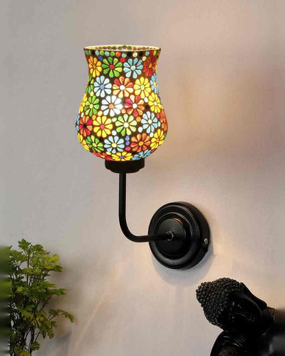 Vibrant Mosaic Glass Shade Wall Mounted Lamp With Iron Base | 9 x 4 x 13 inches