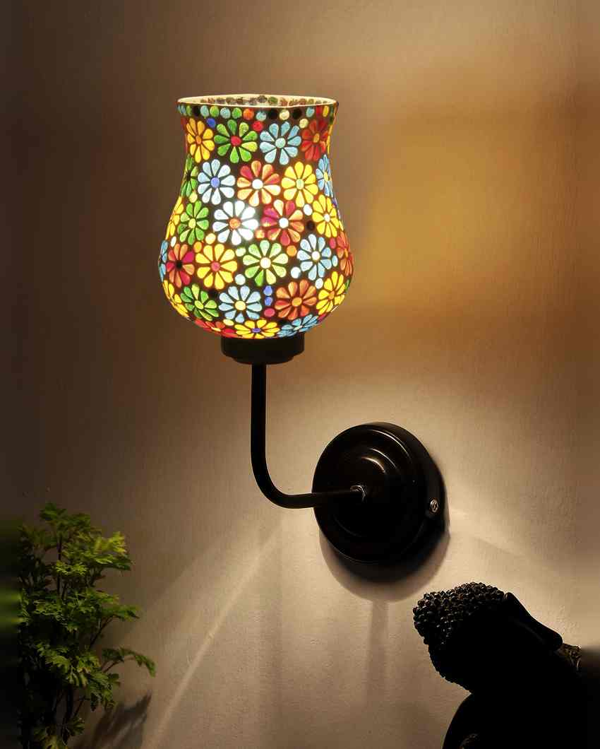 Vibrant Mosaic Glass Shade Wall Mounted Lamp With Iron Base | 9 x 4 x 13 inches