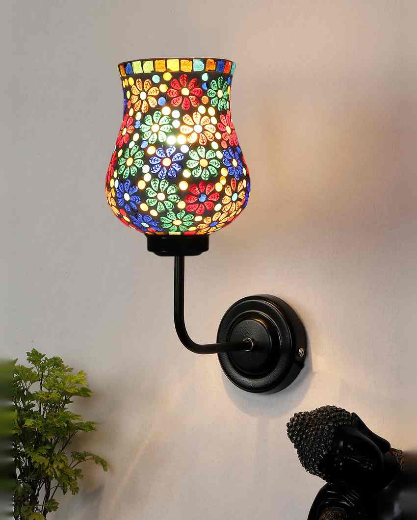 Handcrafted Unique Mosaic Glass Shade Wall Mounted Lamp With Iron Base | 9 x 4 x 13 inches