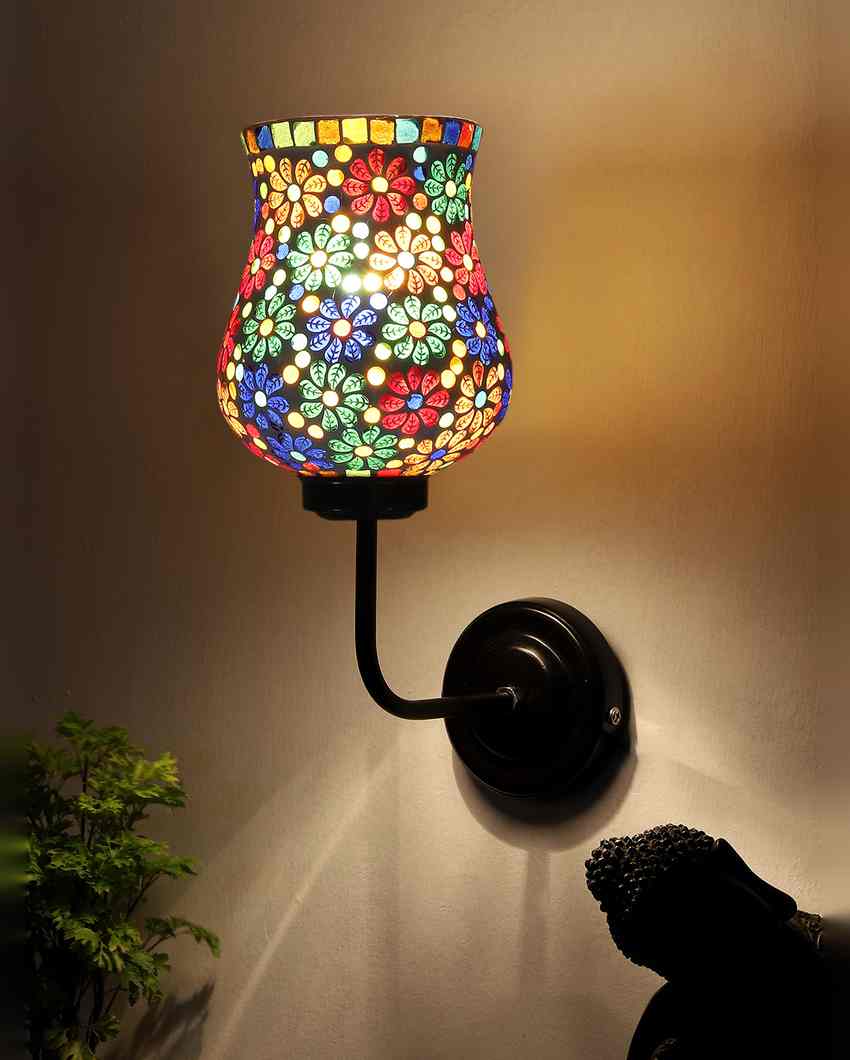 Handcrafted Unique Mosaic Glass Shade Wall Mounted Lamp With Iron Base | 9 x 4 x 13 inches