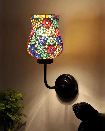 Handcrafted Unique Mosaic Glass Shade Wall Mounted Lamp With Iron Base | 9 x 4 x 13 inches