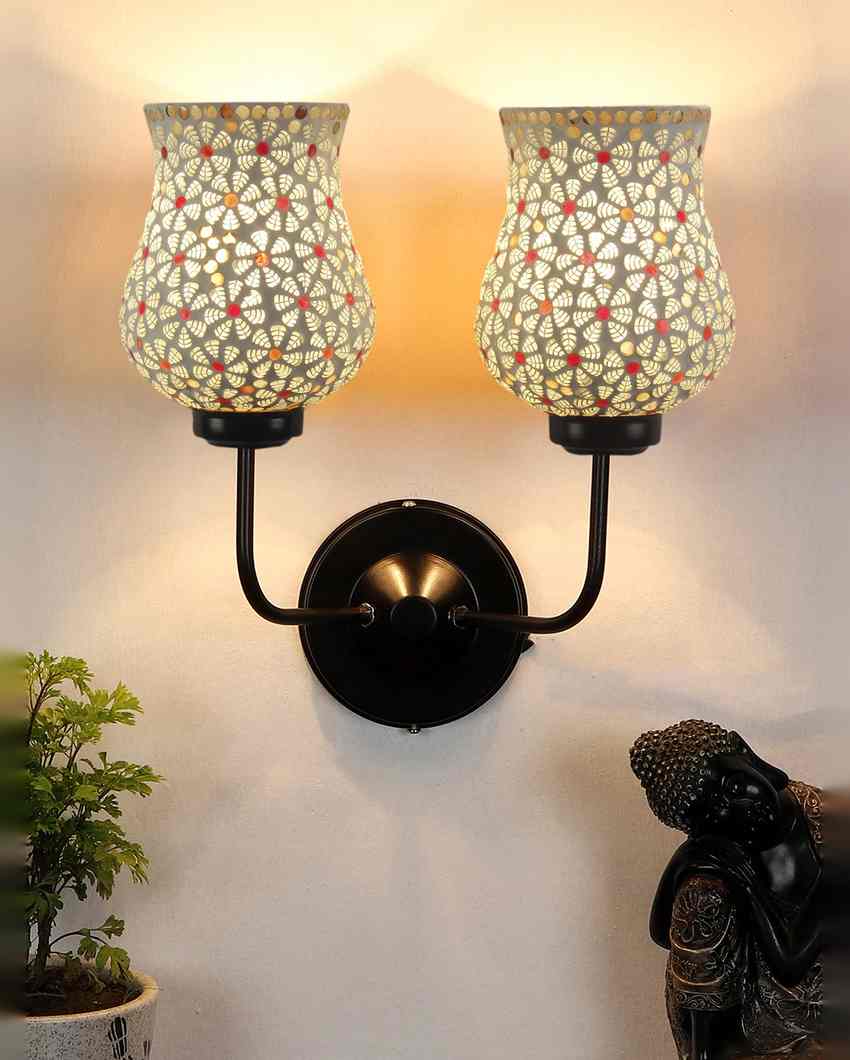 Decorative Unique Mosaic Glass Wall Mounted Dual Lamp With Iron Base | Set of 2 | 5 x 11 x 14 inches