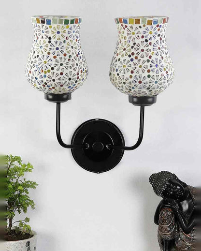 Artful Mosaic Glass Wall Mounted Dual Lamp With Iron Base | Set of 2 | 5 x 11 x 14 inches