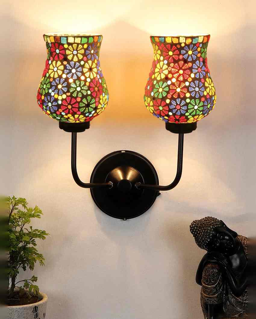 Artful Mosaic Glass Wall Mounted Dual Lamp With Iron Base | Set of 2 | 5 x 11 x 14 inches