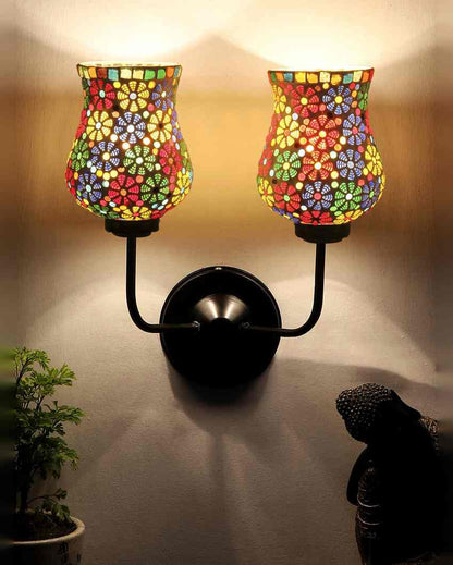 Artful Mosaic Glass Wall Mounted Dual Lamp With Iron Base | Set of 2 | 5 x 11 x 14 inches