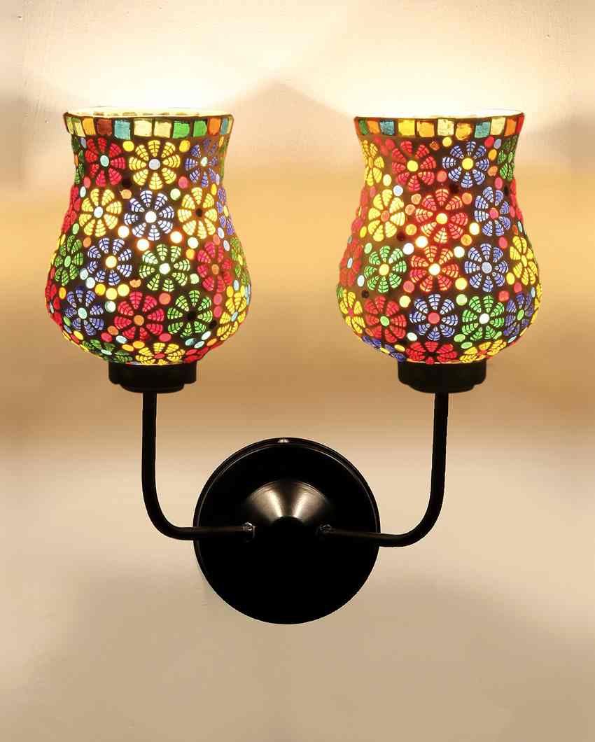 Artful Mosaic Glass Wall Mounted Dual Lamp With Iron Base | Set of 2 | 5 x 11 x 14 inches