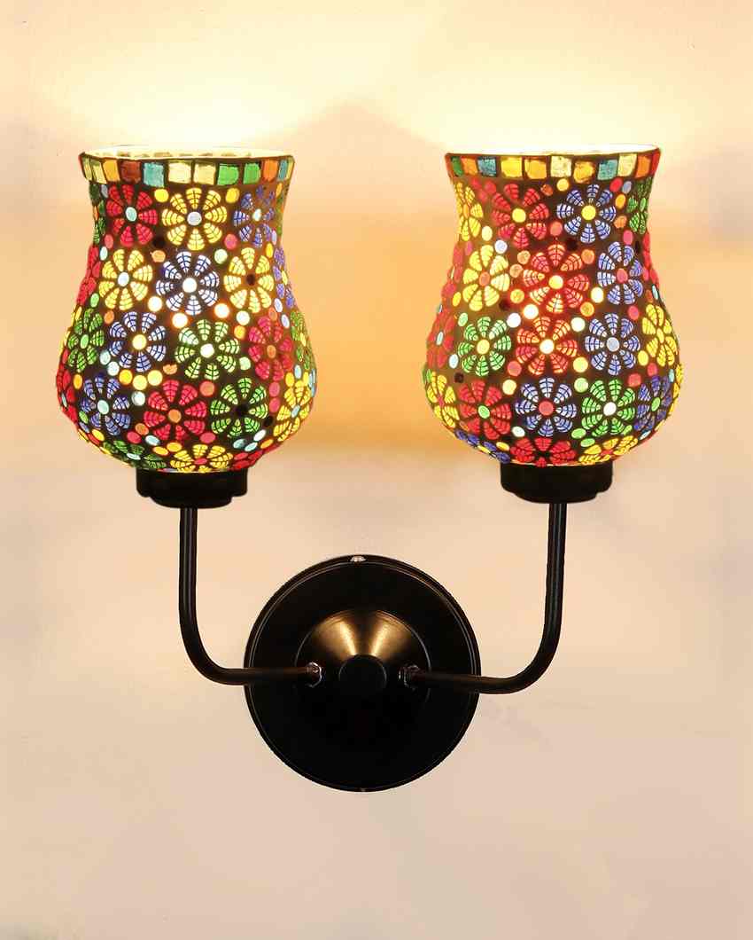 Artful Mosaic Glass Wall Mounted Dual Lamp With Iron Base | Set of 2 | 5 x 11 x 14 inches