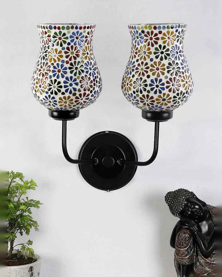 Elegant Mosaic Glass Wall Mounted Dual Lamp With Iron Base | Set of 2 | 5 x 11 x 14 inches