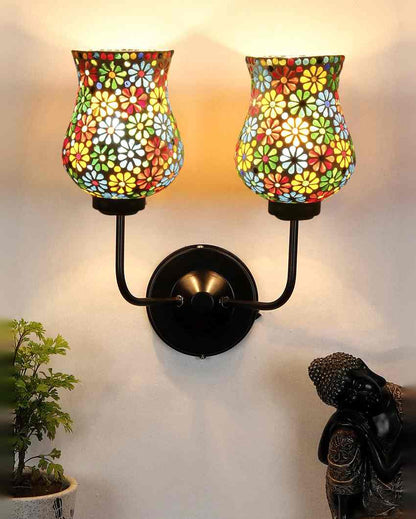 Elegant Mosaic Glass Wall Mounted Dual Lamp With Iron Base | Set of 2 | 5 x 11 x 14 inches