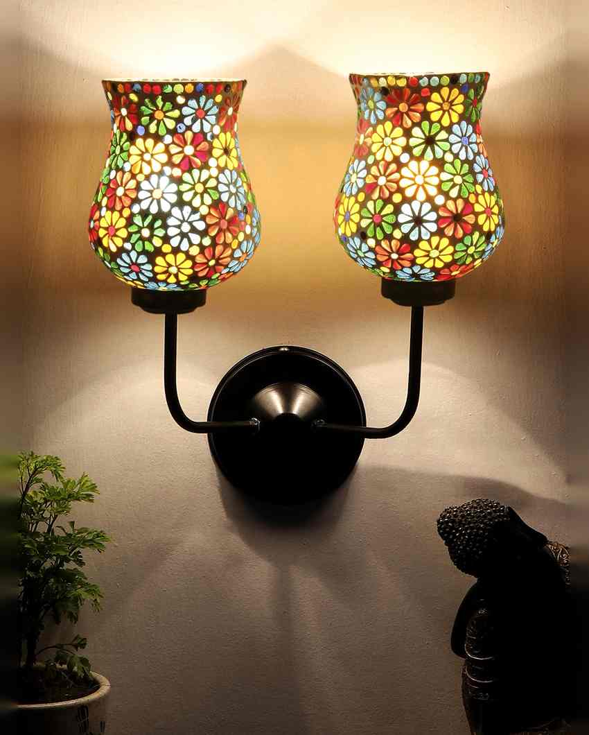 Elegant Mosaic Glass Wall Mounted Dual Lamp With Iron Base | Set of 2 | 5 x 11 x 14 inches