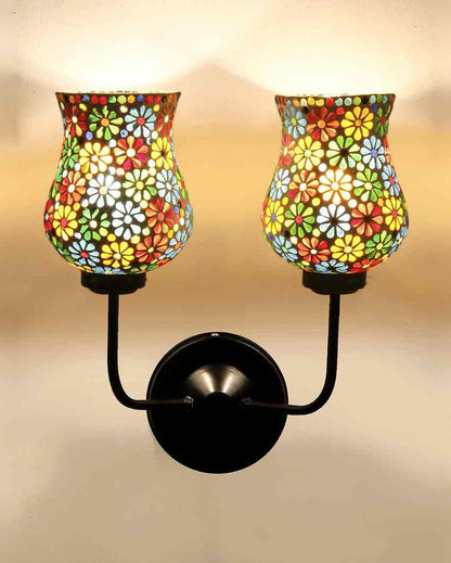 Elegant Mosaic Glass Wall Mounted Dual Lamp With Iron Base | Set of 2 | 5 x 11 x 14 inches