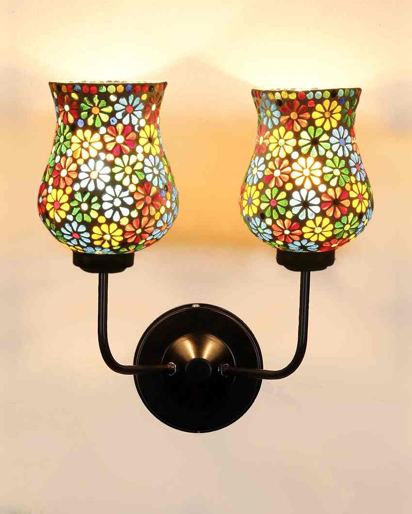 Elegant Mosaic Glass Wall Mounted Dual Lamp With Iron Base | Set of 2 | 5 x 11 x 14 inches