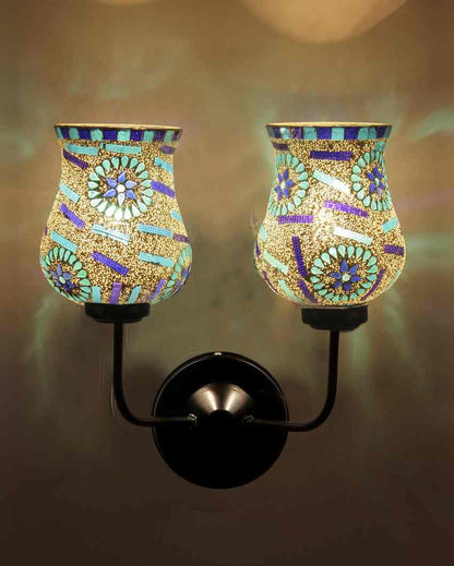 Intricate Detailed Mosaic Glass Wall Mounted Dual Lamp With Iron Base | Set of 2 | 5 x 11 x 14 inches