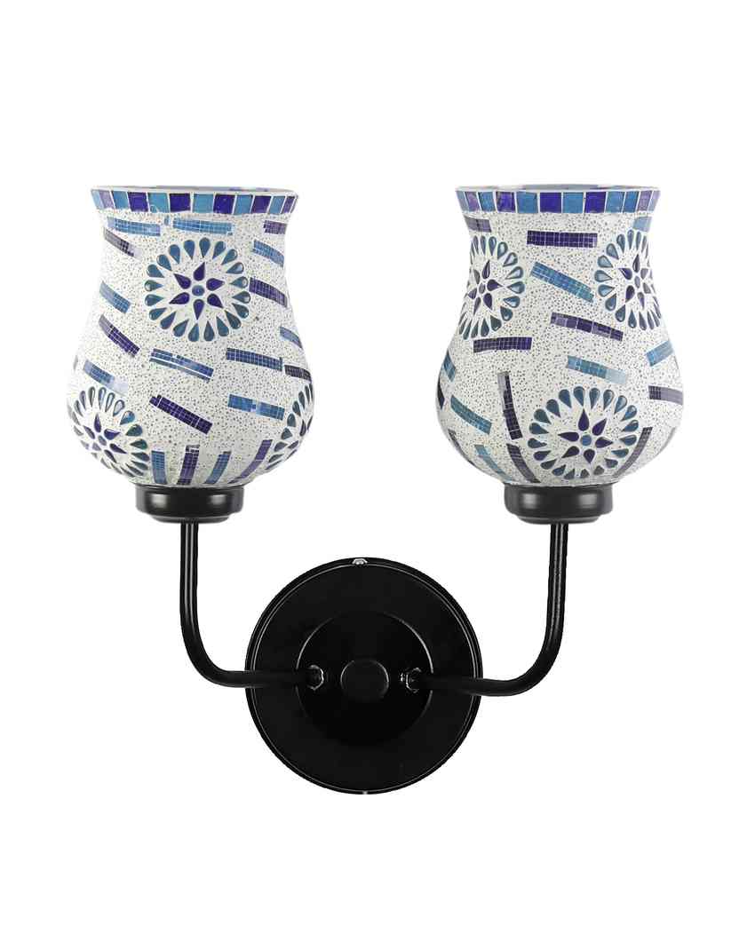 Intricate Detailed Mosaic Glass Wall Mounted Dual Lamp With Iron Base | Set of 2 | 5 x 11 x 14 inches