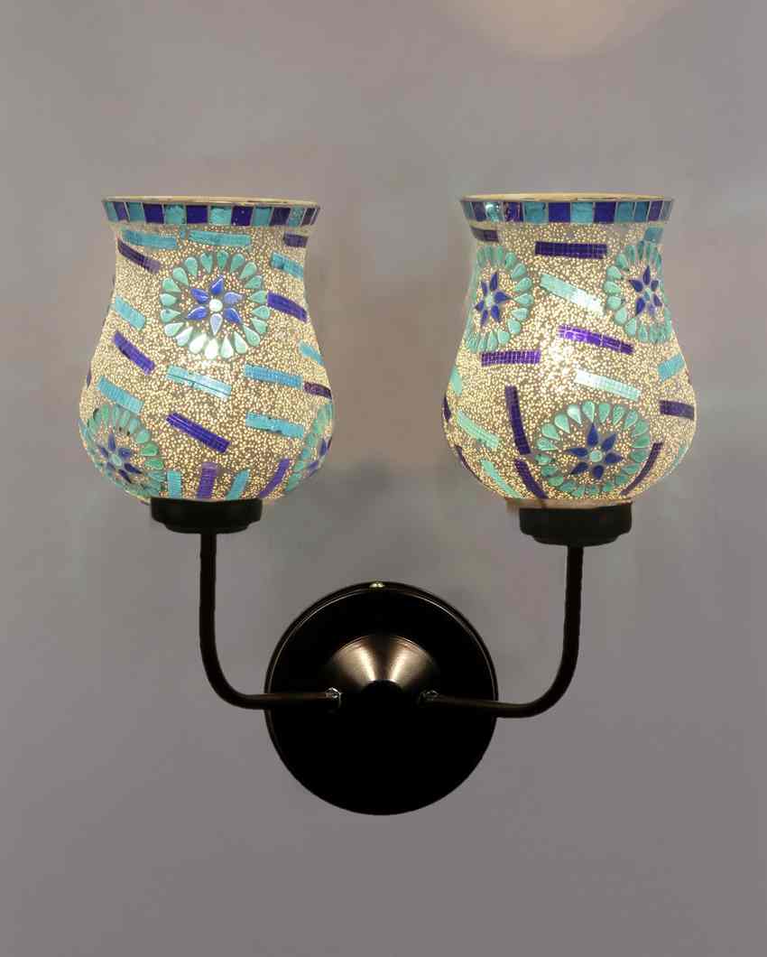 Intricate Detailed Mosaic Glass Wall Mounted Dual Lamp With Iron Base | Set of 2 | 5 x 11 x 14 inches