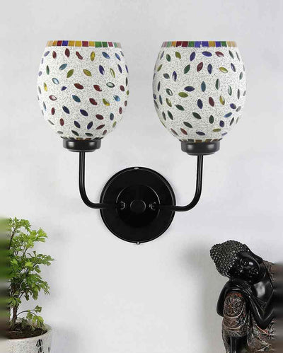 Charming Mosaic Glass Wall Mounted Dual Lamp With Iron Base | Set of 2 | 5 x 11 x 14 inches