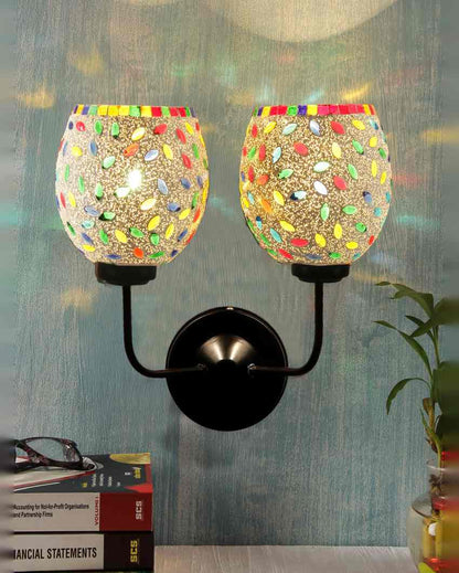 Charming Mosaic Glass Wall Mounted Dual Lamp With Iron Base | Set of 2 | 5 x 11 x 14 inches