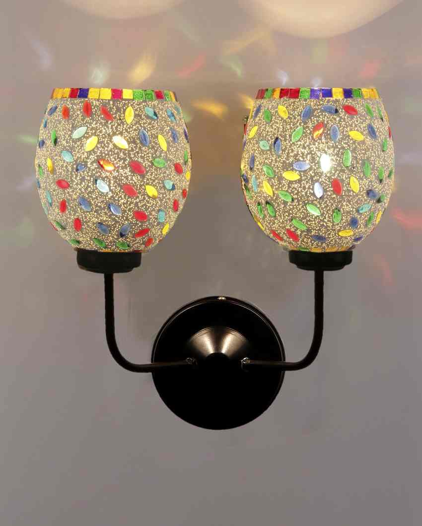 Charming Mosaic Glass Wall Mounted Dual Lamp With Iron Base | Set of 2 | 5 x 11 x 14 inches